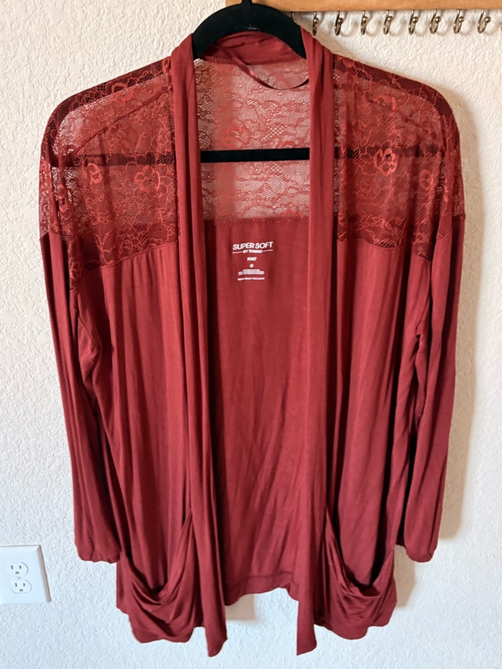 torrid Lace Yoke Open-Front Knit Top - Rust